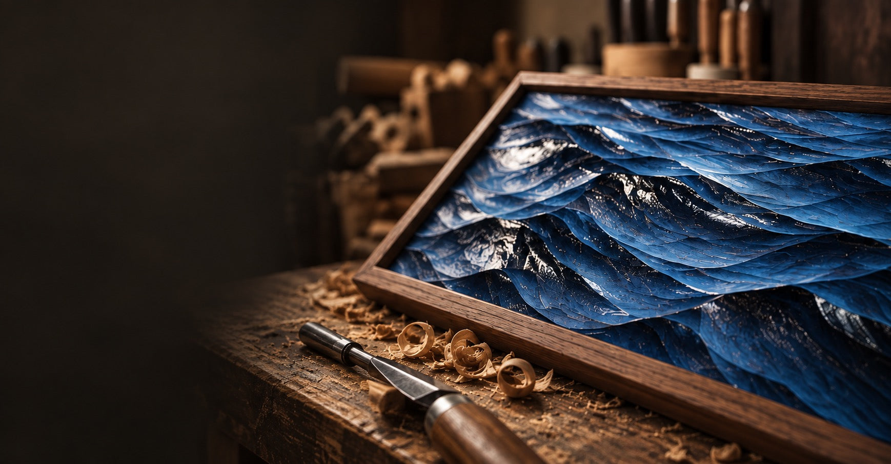 Concept scene of blue ocean relief art in a warm workshop